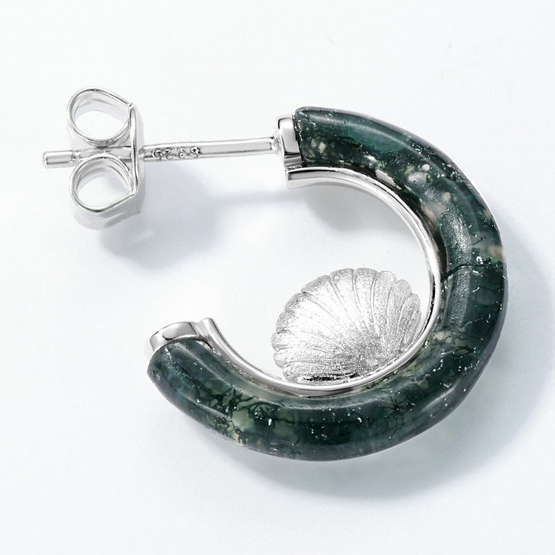 S925 Sterling Silver Moss Agate Signature 17 × 17 mm Stud Earrings