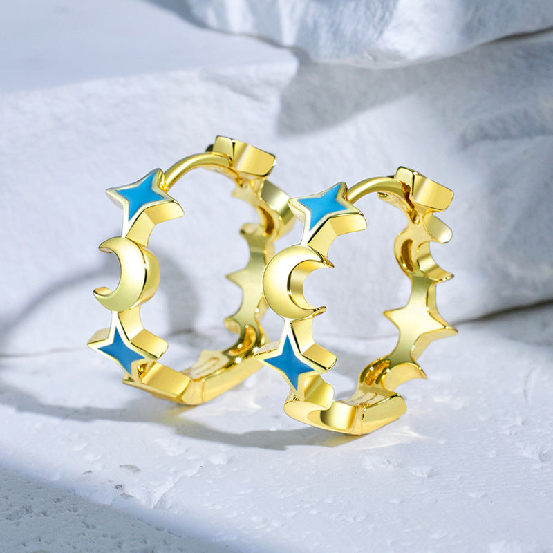 Blue Star and Moon Sterling Silver Hoop Earrings