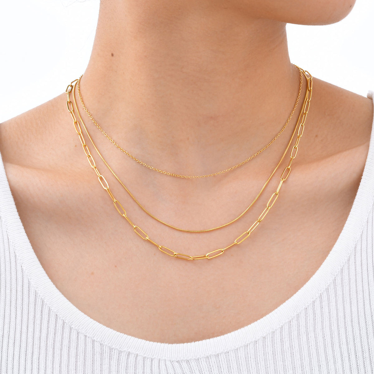 Stainless Steel Flat Cross Chain Round Snake Chain Small Square Chain Triple Gold Necklace