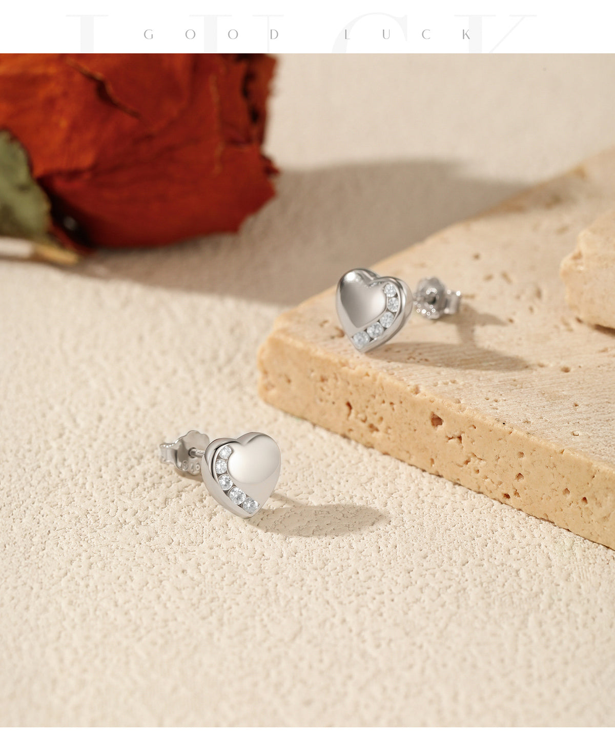 925 Sterling Silver Glossy Heart Zircon Stud Earrings