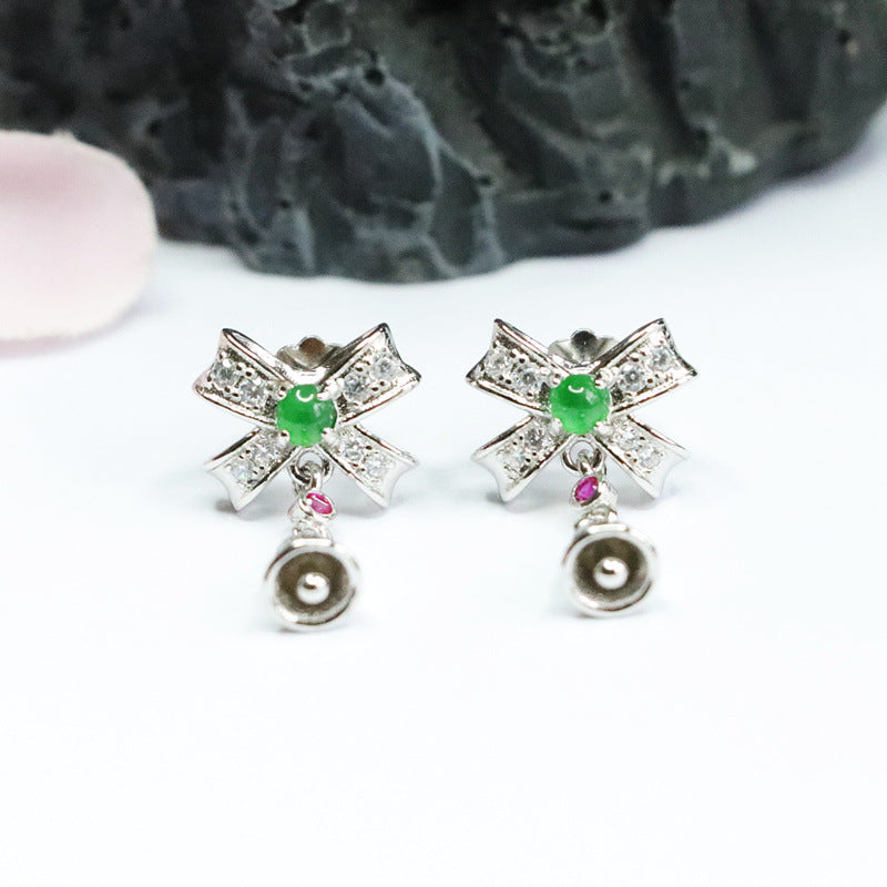 Elegant S925 Sterling Silver Bow Tassel Earrings with Ice Emperor Green Jadeite