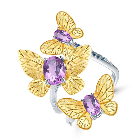 Flying Golden Butterfly Natural Gemstones Opening Silver Ring.