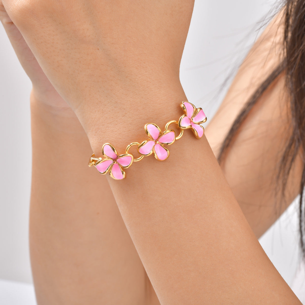Stainless Steel Minimalist Pink Enamel Female Flower Bracelet