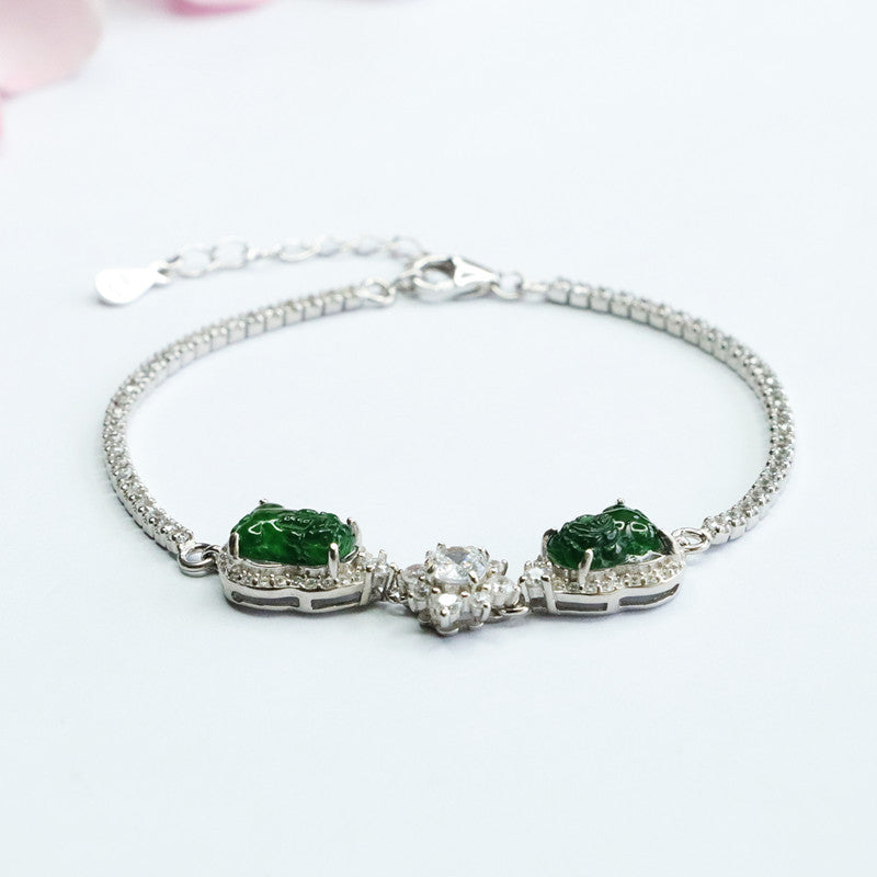 925 Silver Bracelet with Natural Green Jade Pixiu Inlay