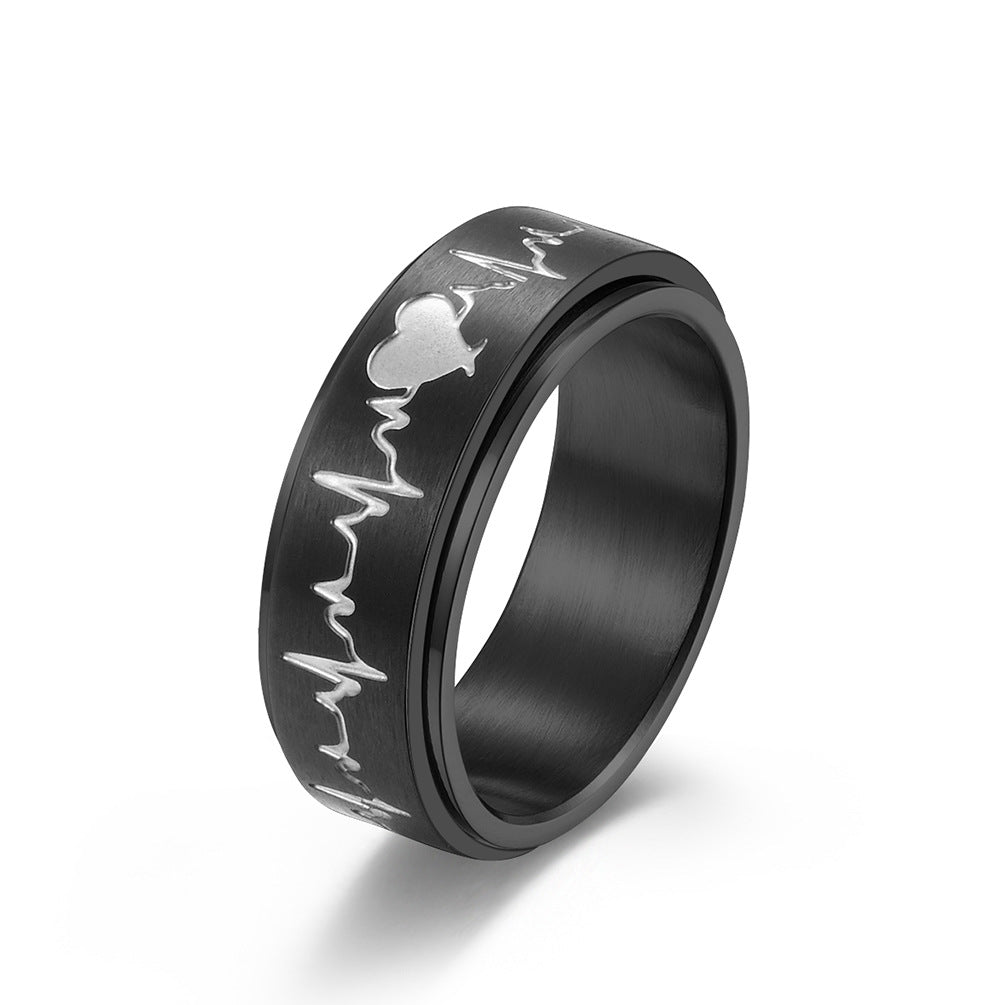 Stainless Steel Rotating Electrocardiogram Couple Ring – Heart Beat Stress-Relief Stainless