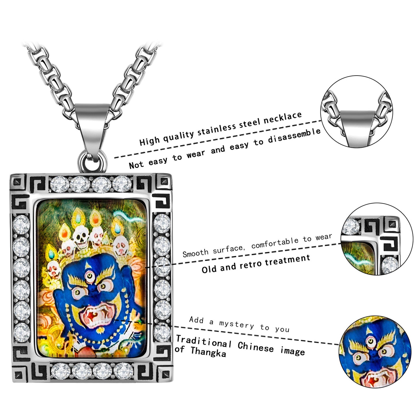 Zircon Necklace - Vintage Nepal Thangka Pendant For Men Featuring Inlaid Black Steel