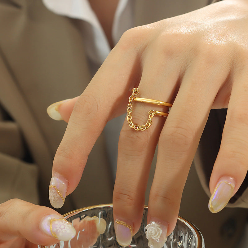 Elegant Double-Layer Chain Ring in 18K Gold-Plated Titanium Steel for Women, Retro Style