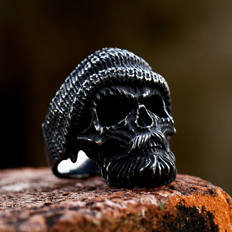 Vintage Stainless Steel Skull Hat Ring for Men - Bearded Old Man Design in Titanium Steel