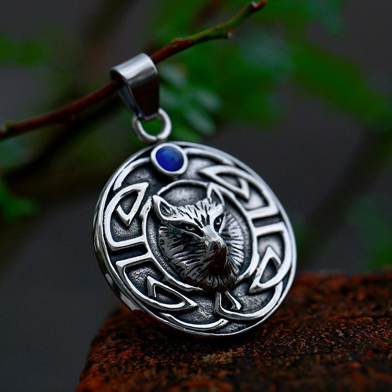 Nordic Retro Viking Fox Head Pendant for Men - Stainless Steel Inlaid Stone Jewelry Wholesale