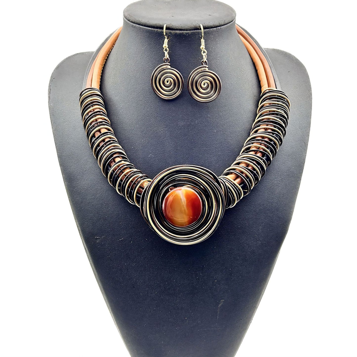 European and American Exaggerated Gemstone Collar Set with Aluminum Wire Earrings and Necklace