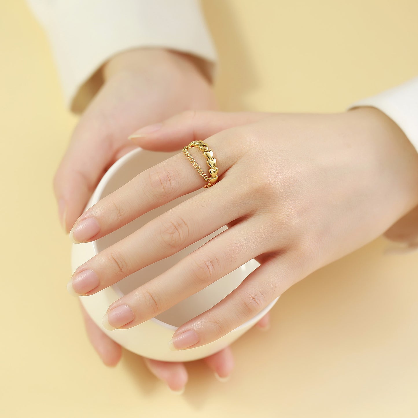 Open Chain Ring Copper Heart Shaped Love C Shaped Gold Women's