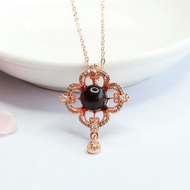 Blood Amber Pendant with Zircon Flower Tassel Necklace for Women