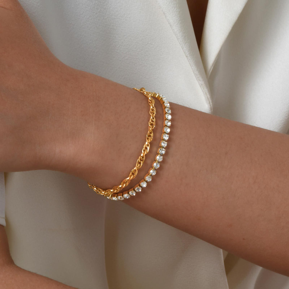 Stainless Steel Gold Braided Twist Twist Chain White Zircon Double Layer Bracelet