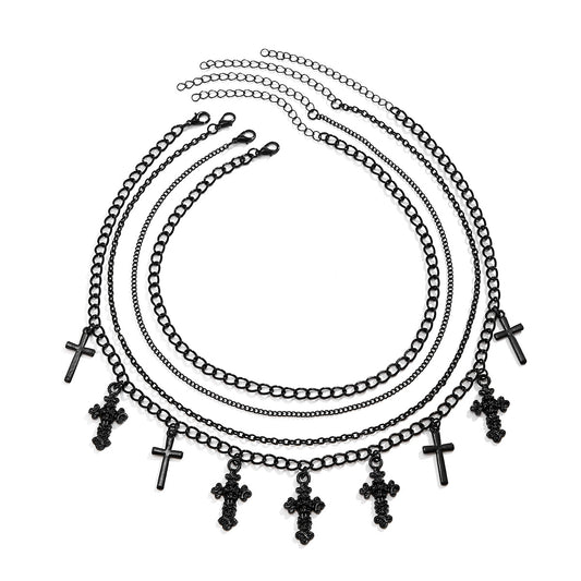 European and American Cross Border Jewelry: Halloween Multi-layer Cross Tassel Necklace, Feminine Spicy Girl Chain, Black Sweet and Cool Necklace