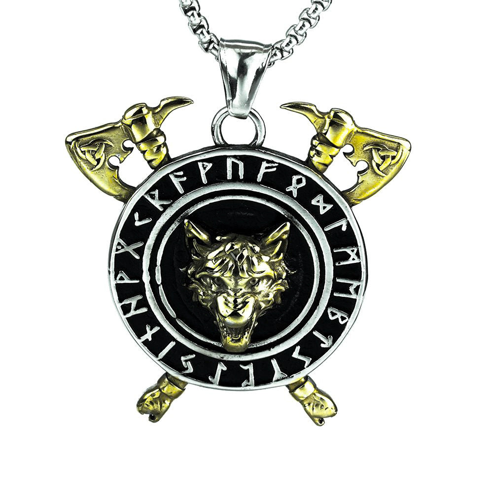 Vintage Viking Men's Rune Wolf Head Pendant Double Ax