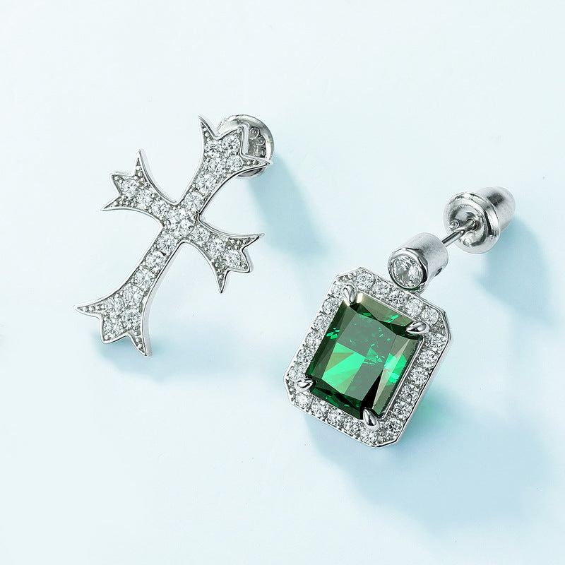 S925 Sterling Silver High-Carbon Stone Asymmetric Stud Earrings