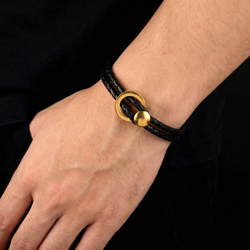Hand Rope – Stainless Steel Round Buckle Double-Layer Black Leather Men's Bracelet
