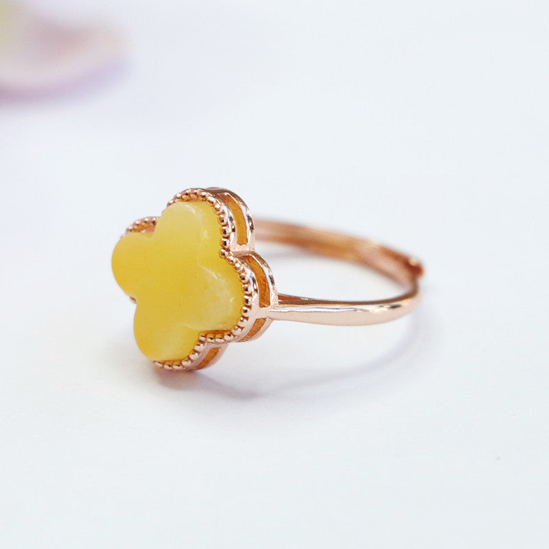 Russian Amber and Sterling Silver Adjustable Clover Ring