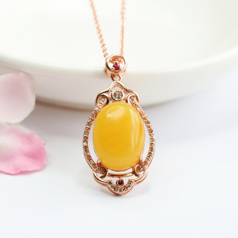 Rose Gold Necklace with Beeswax Amber Zircon Pendant