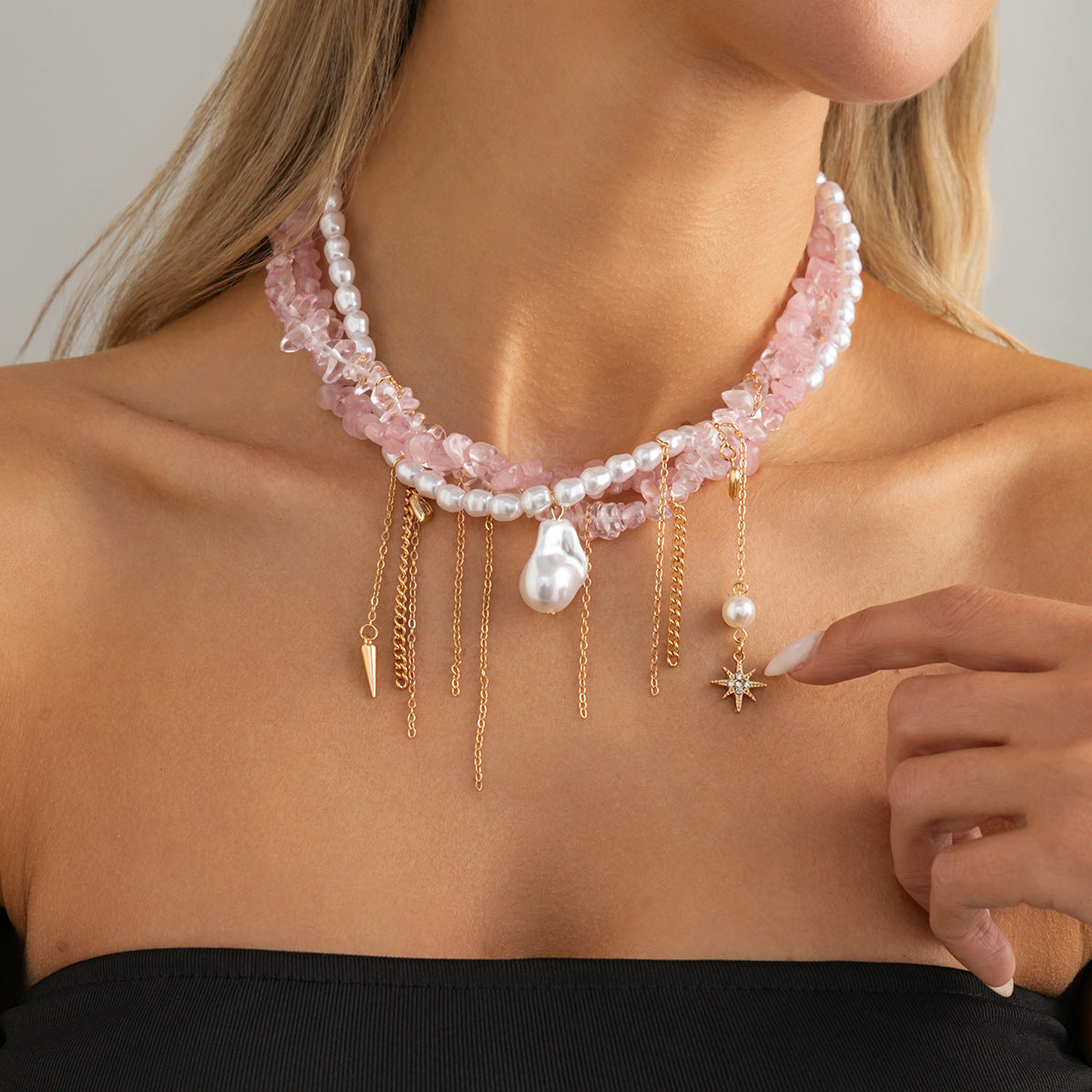 Pink Crystal-Style Pearl Heart Necklace