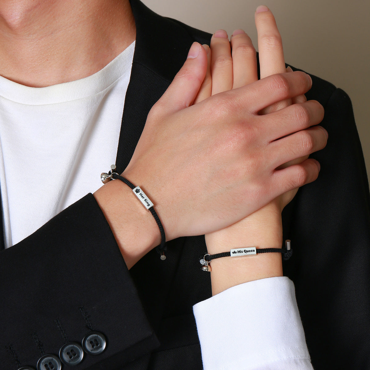 Stainless Steel Her King His Queen Square Brand Black Rope Magnet Couple Hand Rope Bracelet
