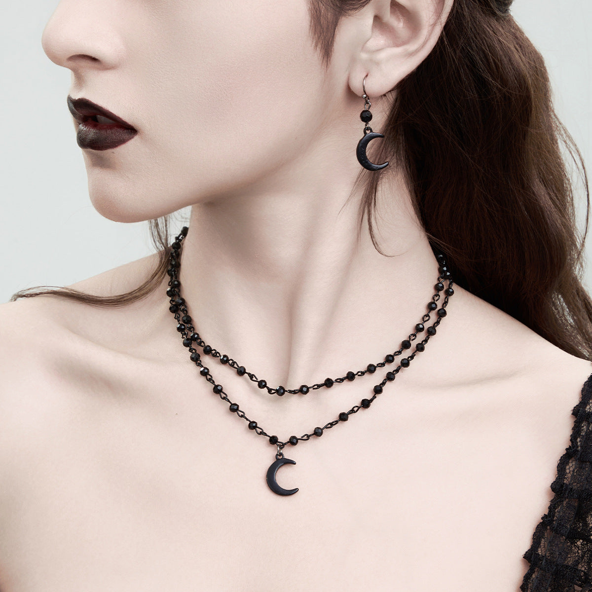 Gothic Crystal Crescent Layered Necklace