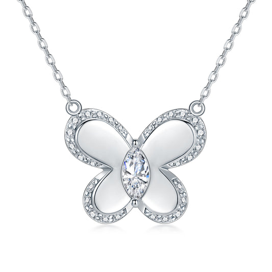 Marquise Shape Zircon Polished Butterfly Pendant Sterling Silver Necklace