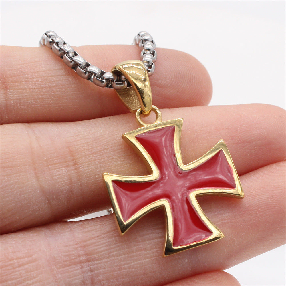 Planderful Everyday Genie – European and American Retro Red Cross Men's Titanium Steel Pendant Necklace