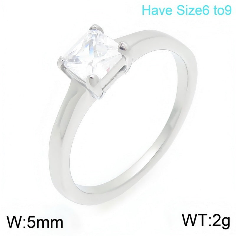 Stainless Steel Marriage Proposal Zircon Ring Four-Claw Inlaid Round Zircon Square