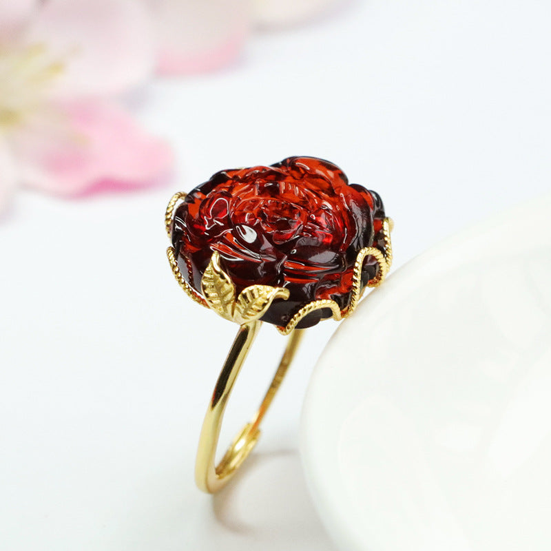 Peony Ring with Genuine Beeswax Amber in Sterling Silver
