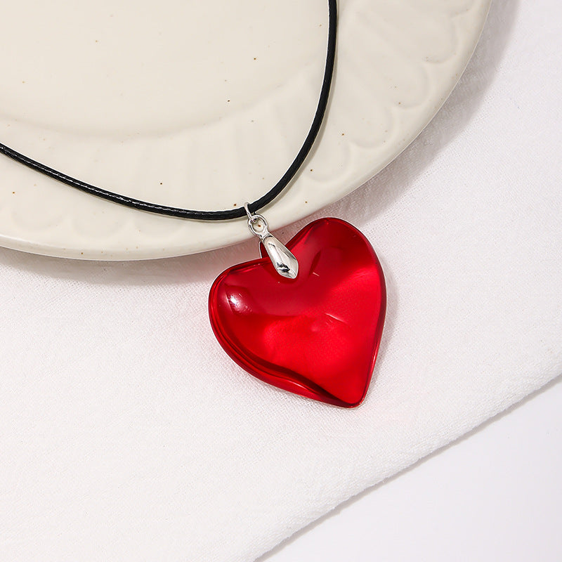 Sweet Red Glass Heart Pendant Necklace with Black Leather Rope - Urban Chic Collection