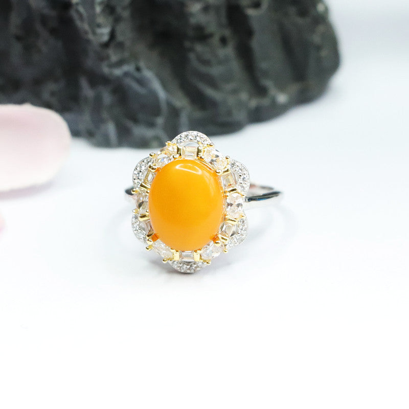 Sterling Silver Zircon Flower Ring with Beeswax Amber Bouquet