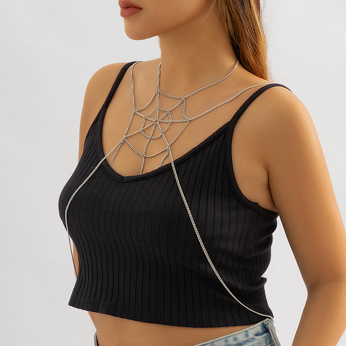 Sassy Metal Chain Necklace with Spider Web Pattern