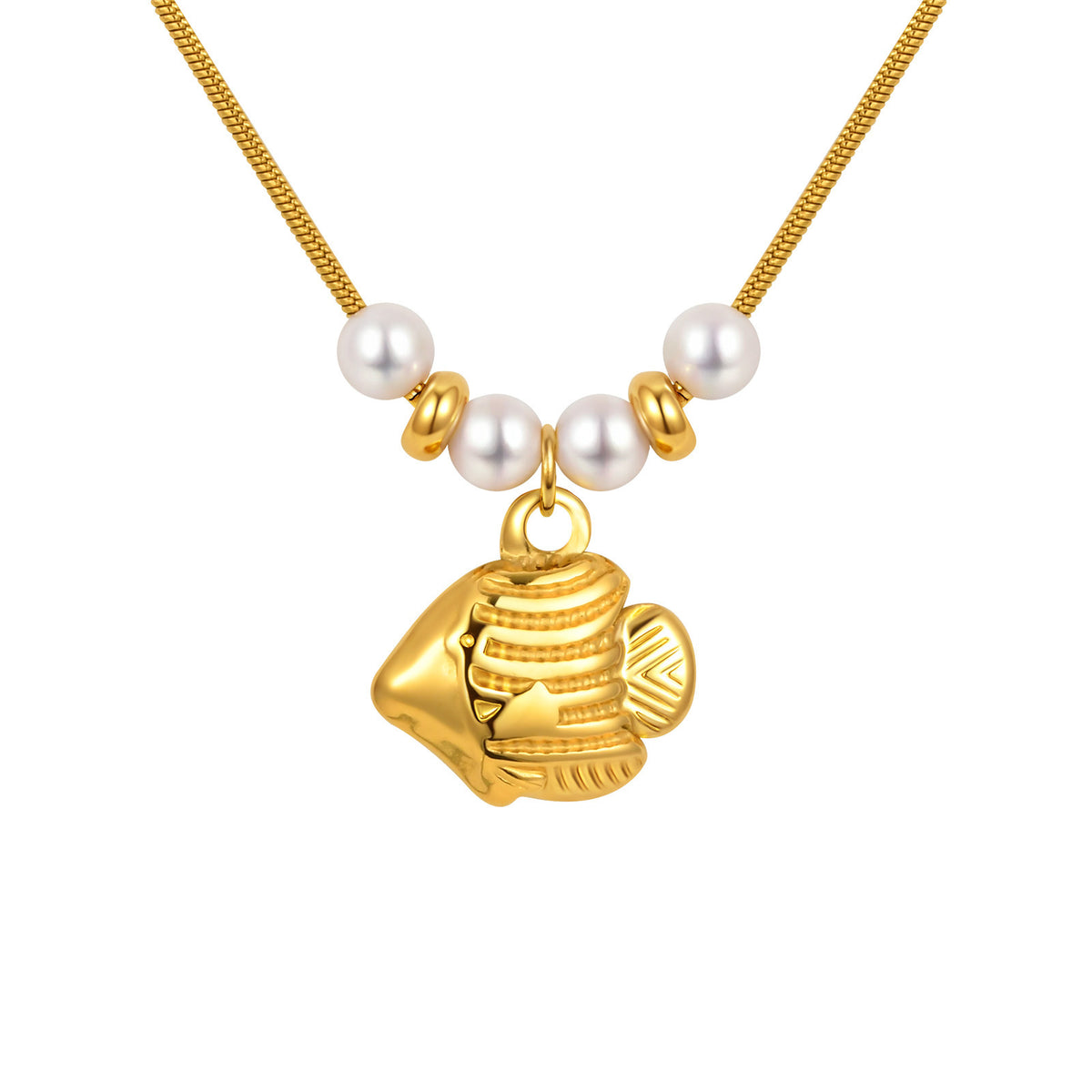 Gold Fish Pendant Necklace with Pearl Accents