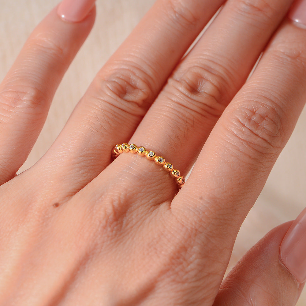 Small Round Bead Inlaid Zircon Sterling Silver Ring