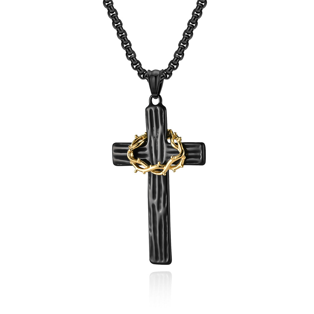 Planderful Cross Necklace For Men Titanium Steel Durable Thorn Wreath Pendant American Retro Style High End Gift