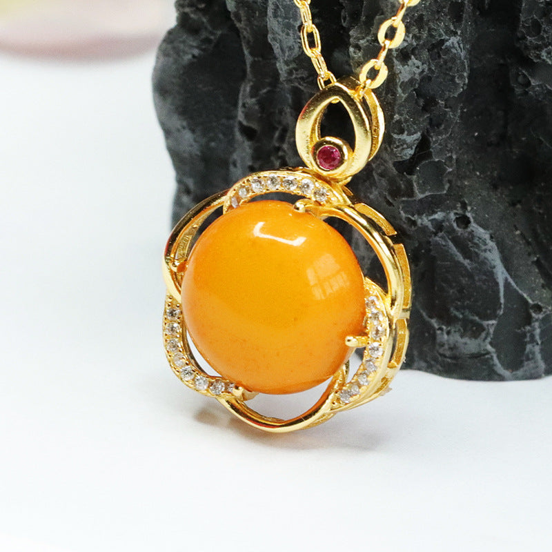 Hollow Flower Golden Necklace with Beeswax Amber Blooms