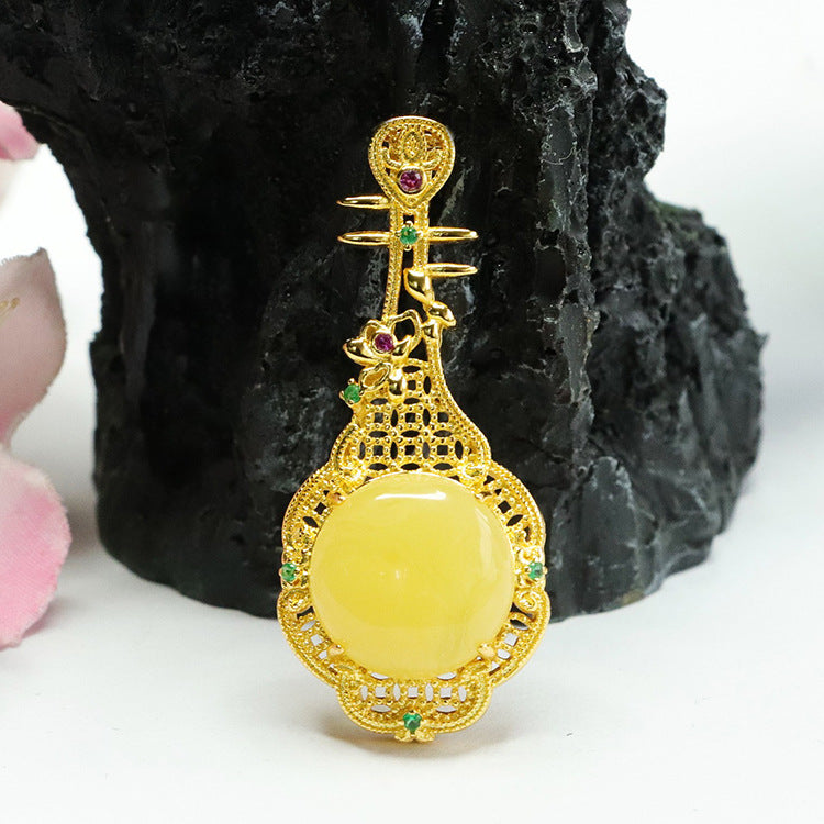 Golden Pipa Necklace with Natural Round Amber Beeswax Pendant - Traditional Chinese Jewelry