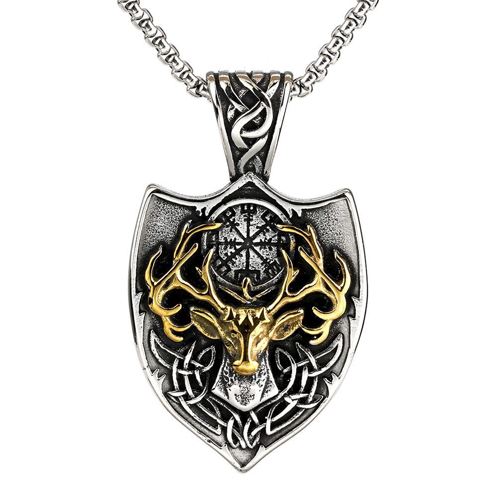 Vintage Men's Titanium Steel Pendant Necklace Deer Head Compass