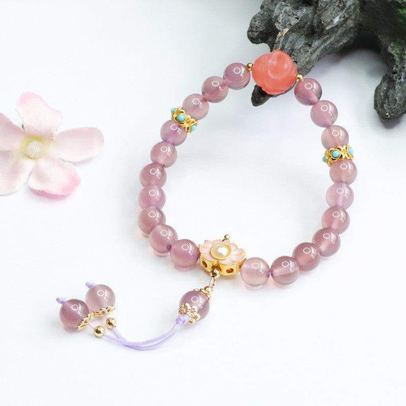 Purple Chalcedony Buddha Head Bracelet with Lotus Tassel