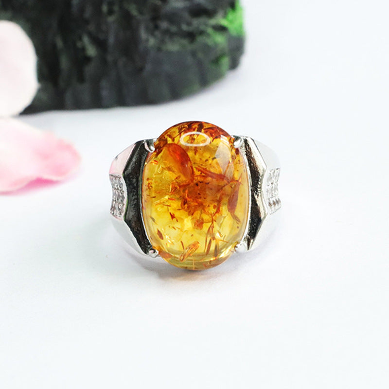 Ethnic Style Sterling Silver Beeswax Amber Ring with Adjustable Opening