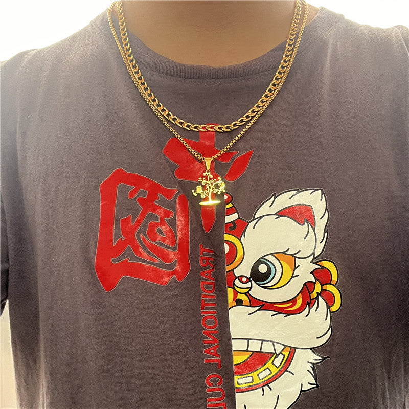 Titanium Steel Multi-Color Tree of Life Pendant Necklace for Men - Retro Trendy Design