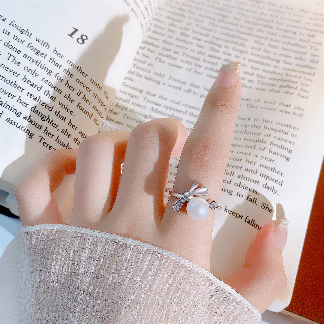 S925 Sterling Silver Freshwater Pearl Bow Ring — Adjustable