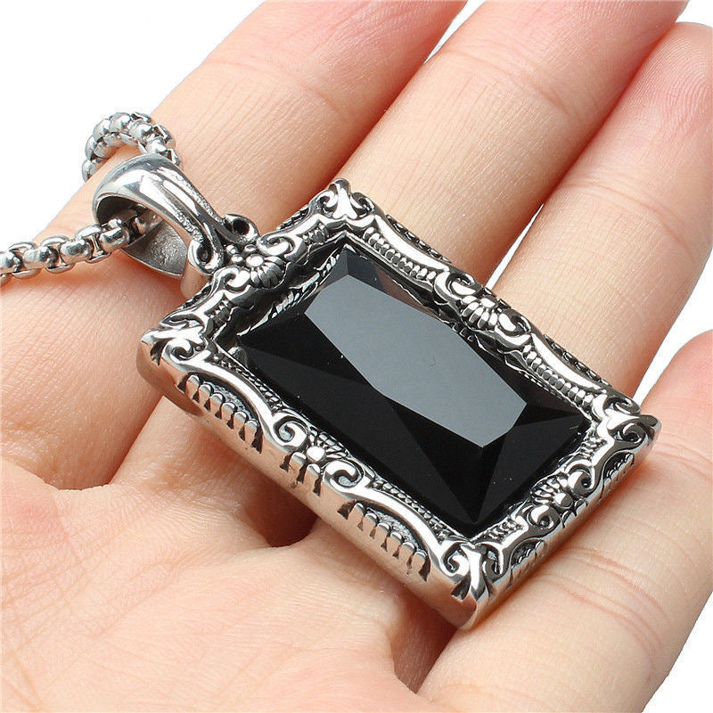 1) Planderful Mens Stainless Steel Necklace Engraved Black Zircon Vintage Hip Hop Style Gift Idea