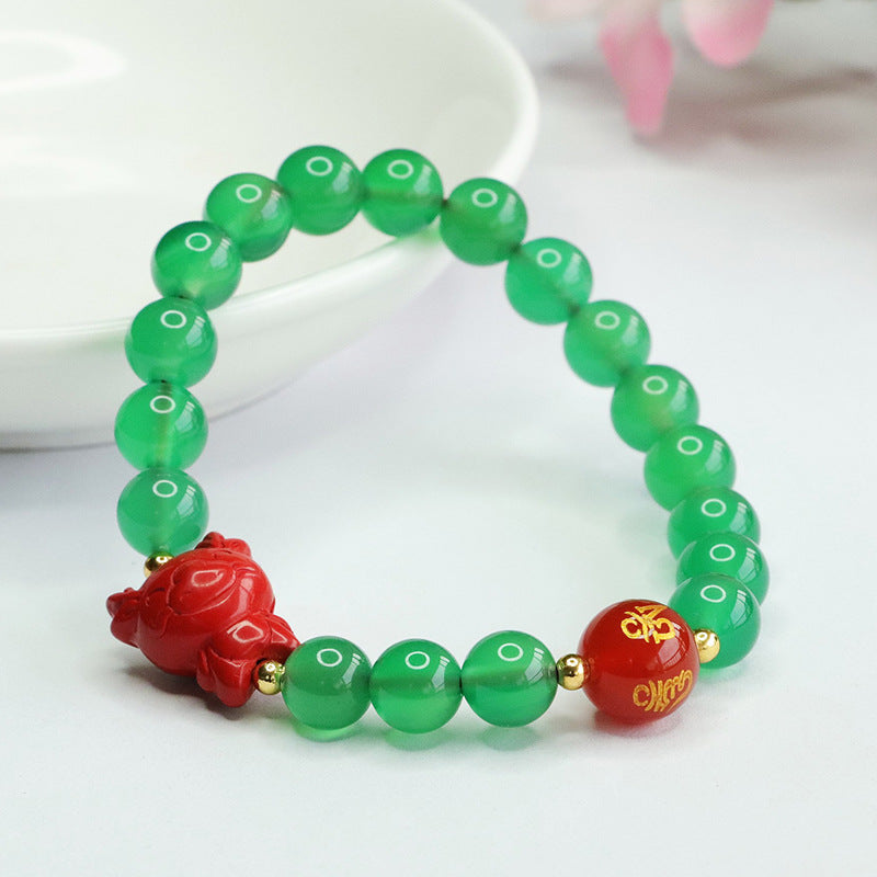 Zodiac Dragon Sterling Silver Bracelet with Natural Green Chalcedony and Red Sand Cinnabar