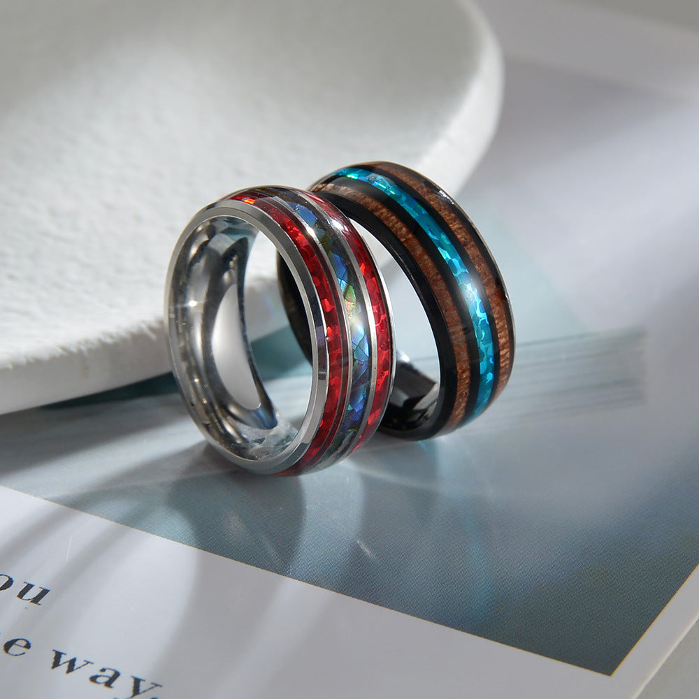 Titanium Steel Ring with Acacia Wood and Abalone Shell Inlay for Men