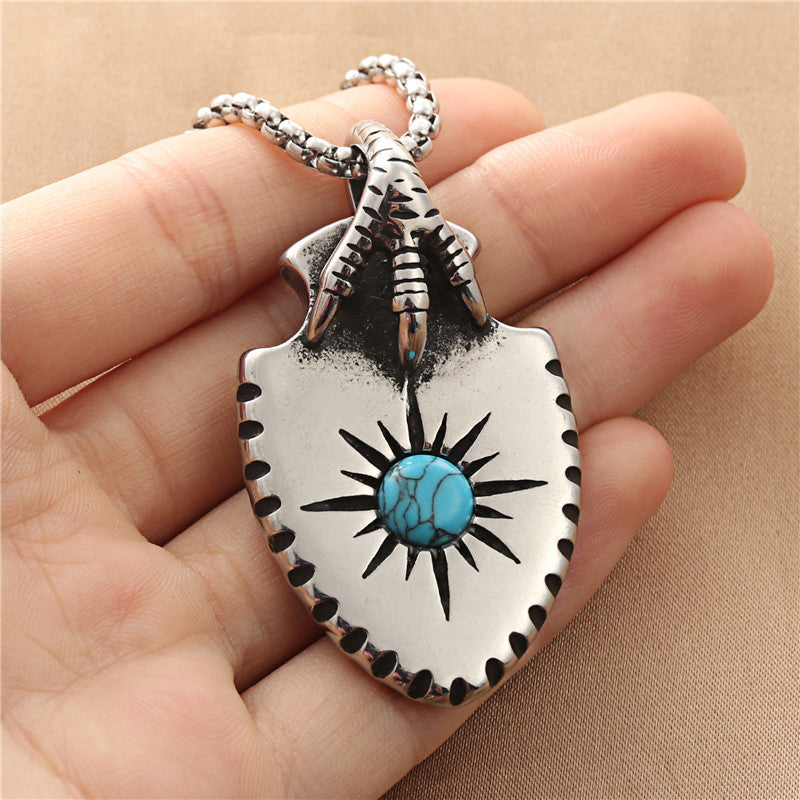 Personalized Titanium Steel Turquoise Shield Pendant Necklace for Men - Retro Punk Trendy Design