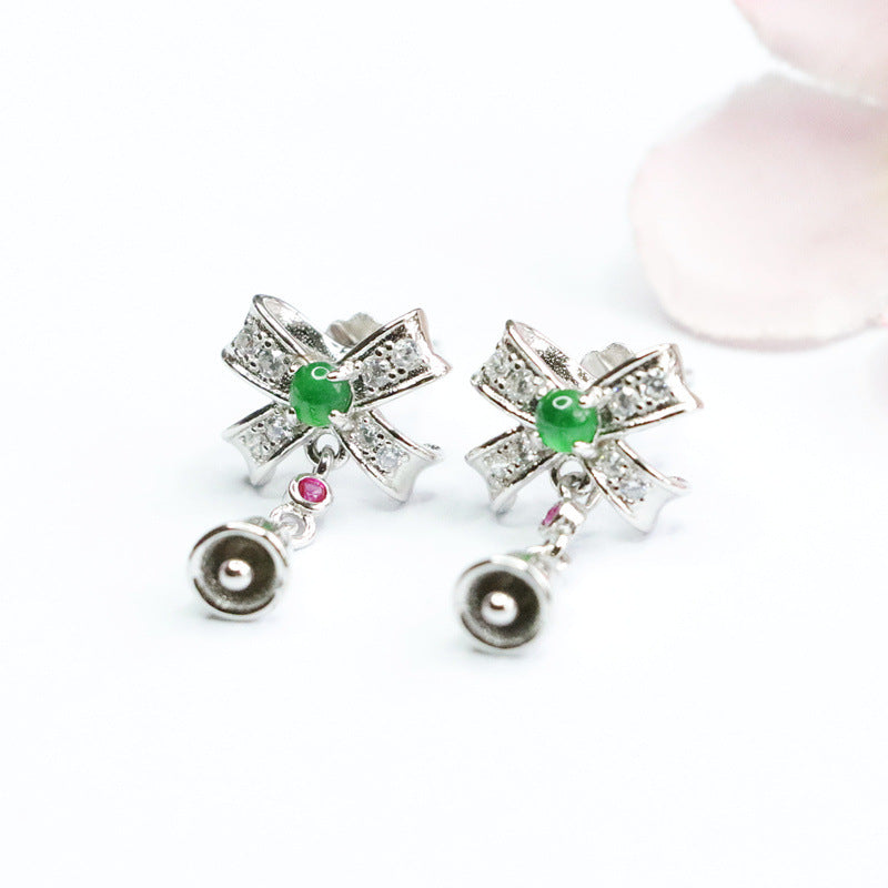 Elegant S925 Sterling Silver Bow Tassel Earrings with Ice Emperor Green Jadeite