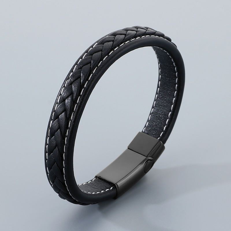Woven Leather Rope Titanium Steel Buckle Bracelet – Male Punk Flat Leather Rope