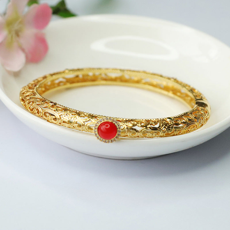 Fortune's Favor Retro Green Chalcedony and Red Agate Sterling Silver Bracelet